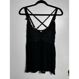 Feager Black Crochet Lace Camisole Top Strappy Criss Cross Back Size M